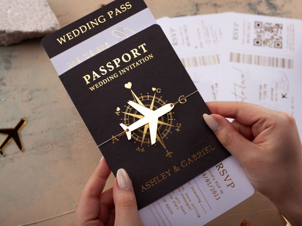 Boarding Pass Wedding Invitation - Black & Gold Foil, Destination Invite, Passport Style Invitation, Unique