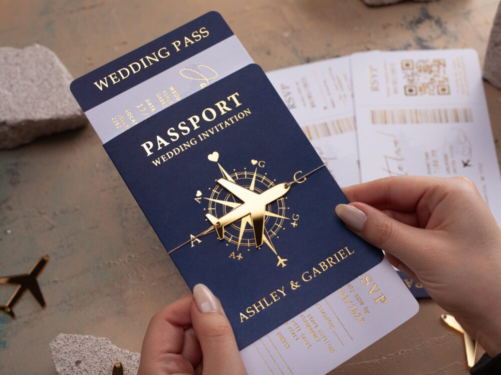 Wedding Passport Invitation, Boarding Pass Invite, Navy Blue & Gold Foil, Pass, Destination Wedding, Passport-style Invite
