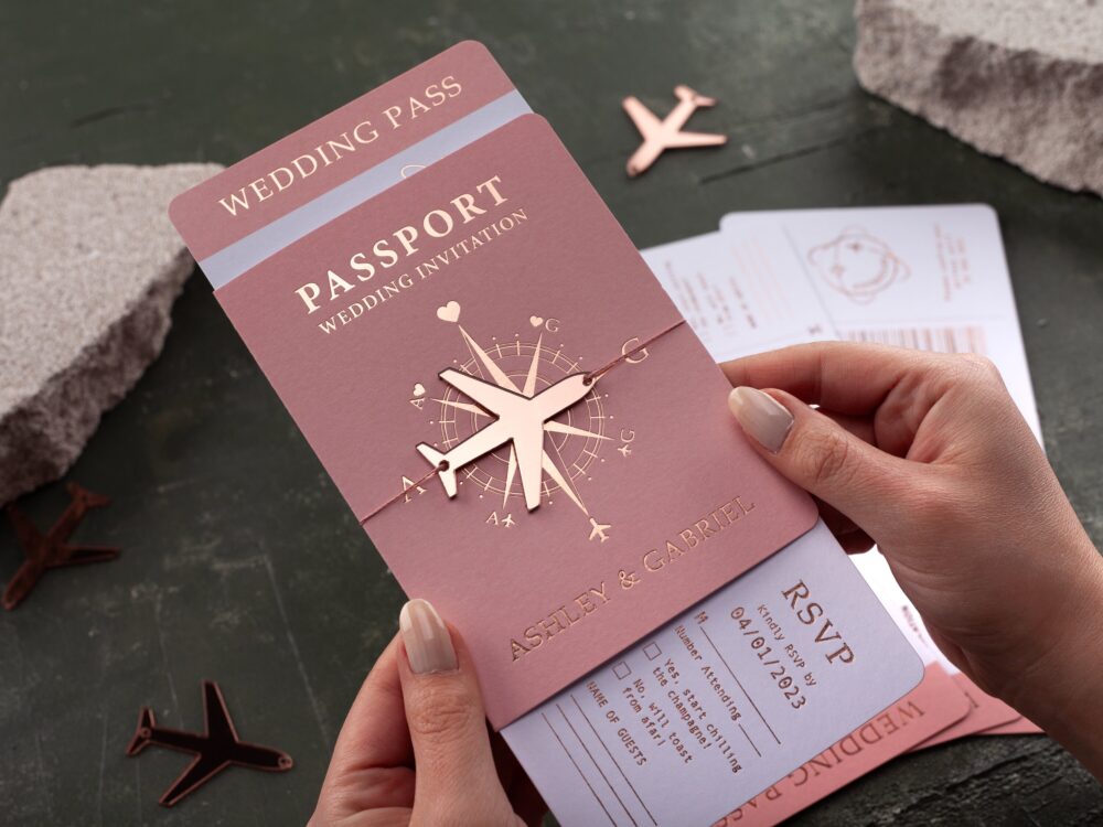 Pink Boarding Pass Invitation, Wedding Passport Invite, Blush & Rose Gold Foil, Pass, Destination Wedding, Passport-style