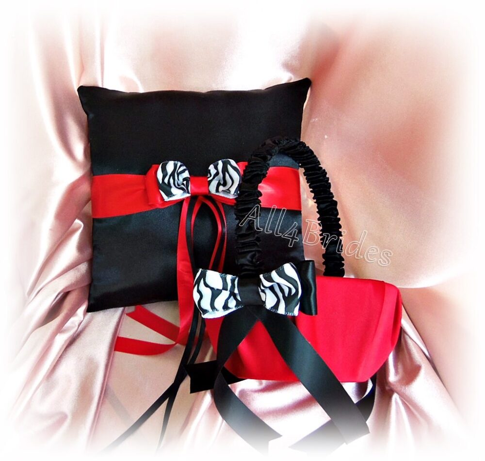 Black & Red Zebra Print Wedding Flower Girl Basket Ring Bearer Pillow, Zebra Cushion Set