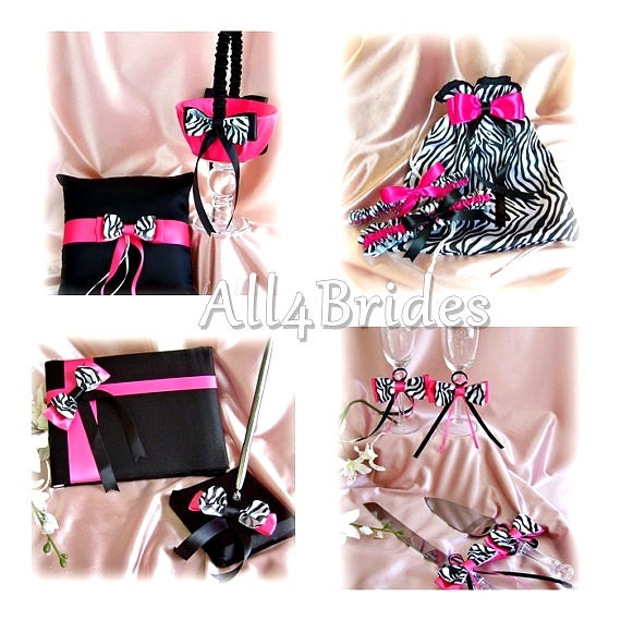 Zebra Wedding Flower Girl Basket, Ring Pillow, Guest Book, Garters, Bag Flutes, Cake Set, 12Pc Hot Pink Color