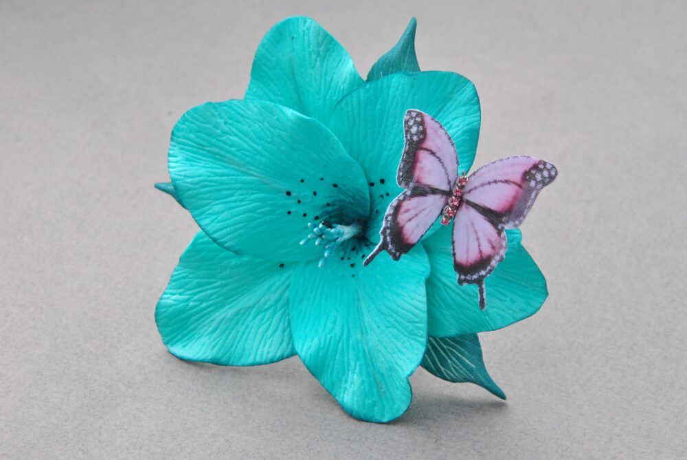Lily Flower Hair Clip Butterfly Piece Bridal Turquoise Tropical Wedding Headpiece