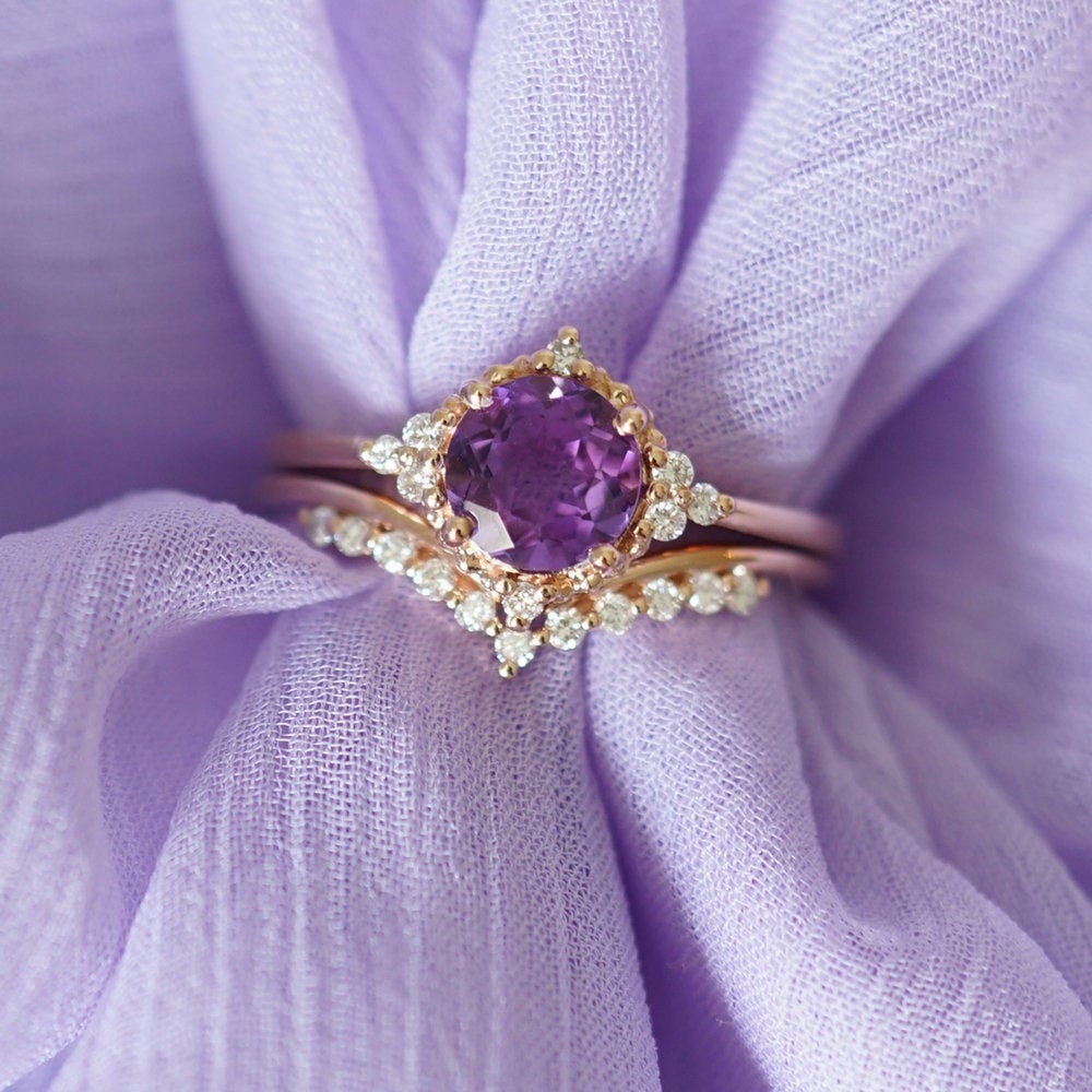 Amethyst Engagement Ring Diamond Vintage Antique Wedding 14K 18K Platinum Rose Gold