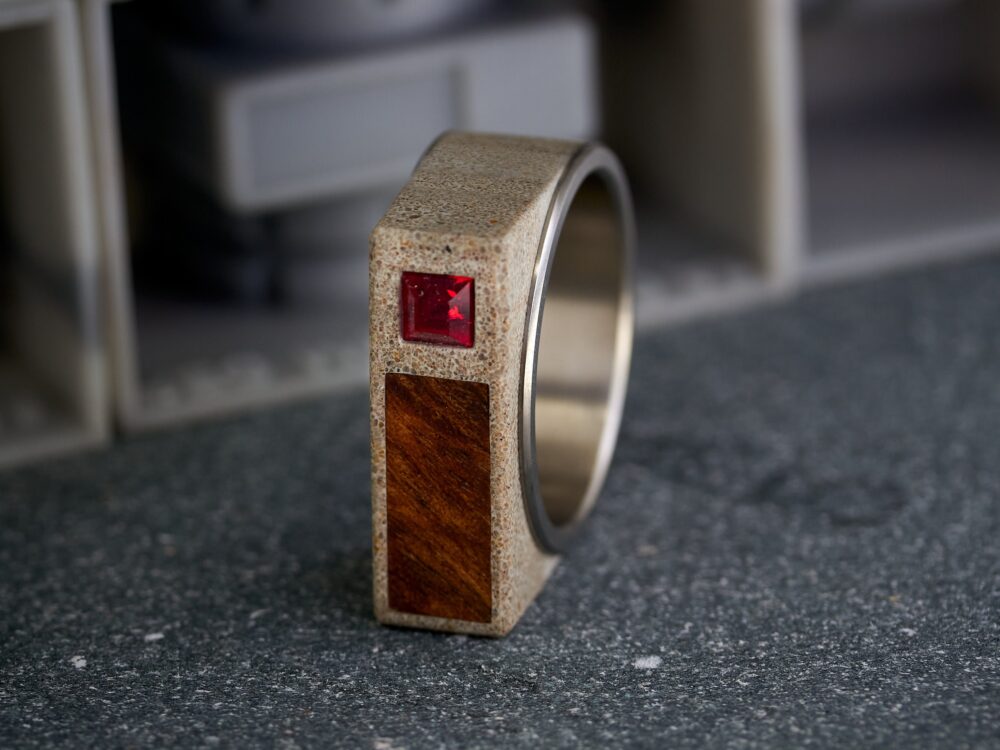 Mens Titanium Signet Ring Wood, Concrete & Red Crystal