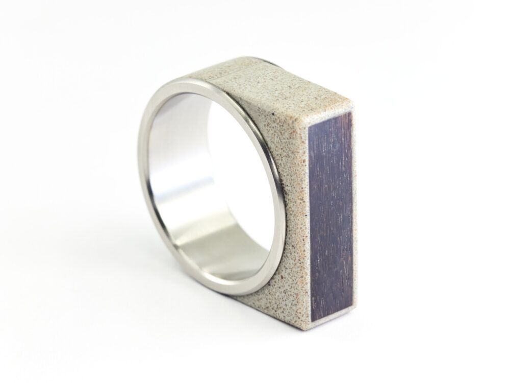 Mens Titanium Signet Ring Wood & Concrete Rectangular Bar Ring