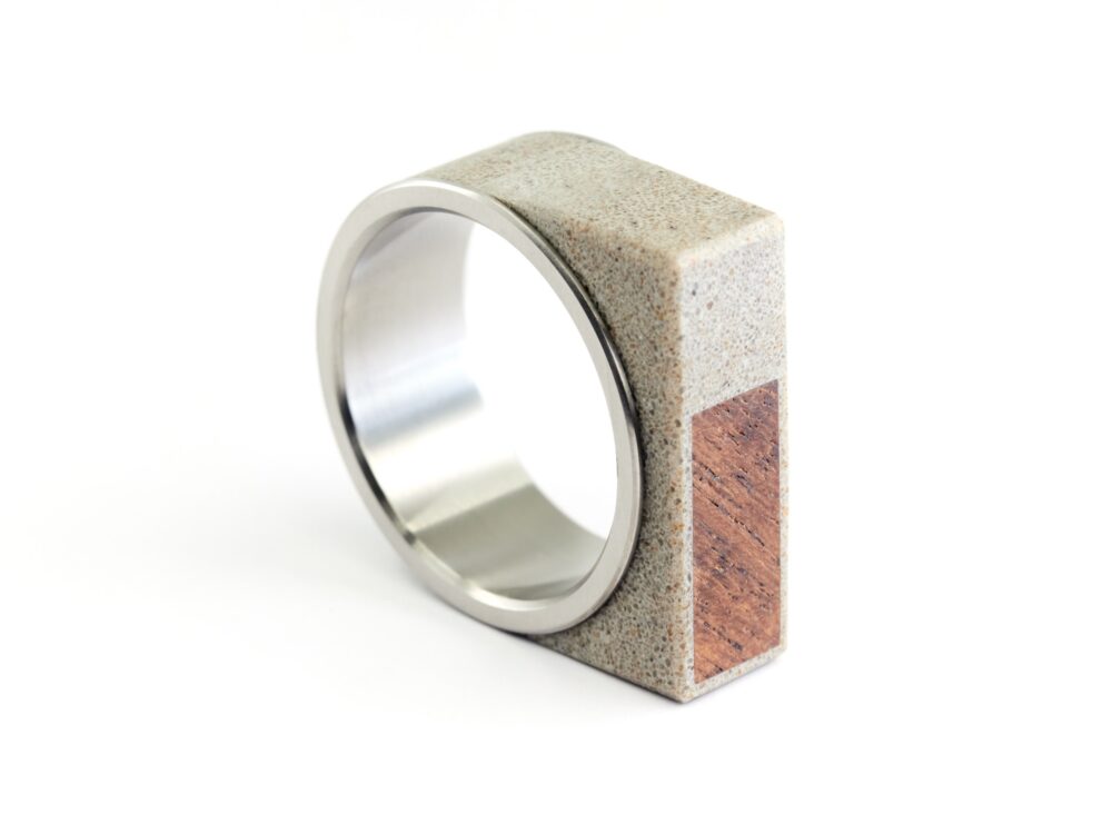 Mens Titanium Signet Ring Wood & Concrete Rectangular Bar Ring