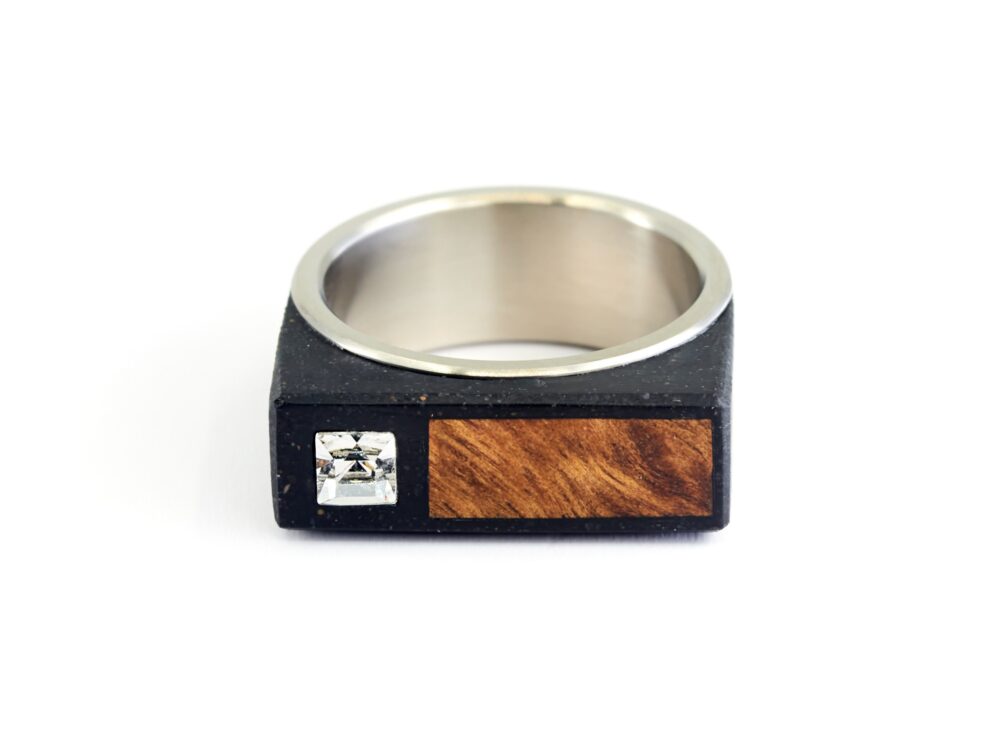 Mens Titanium Signet Ring Wood, Concrete & Crystal Inlay
