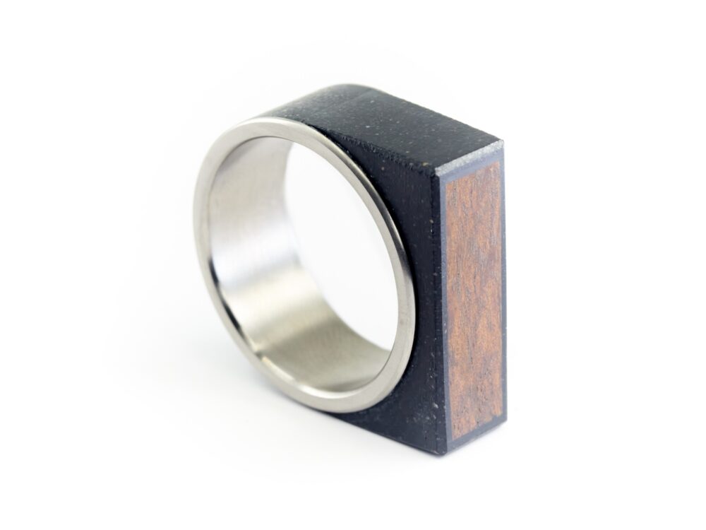 Mens Titanium Signet Ring Wood & Black Concrete Rectangular Bar