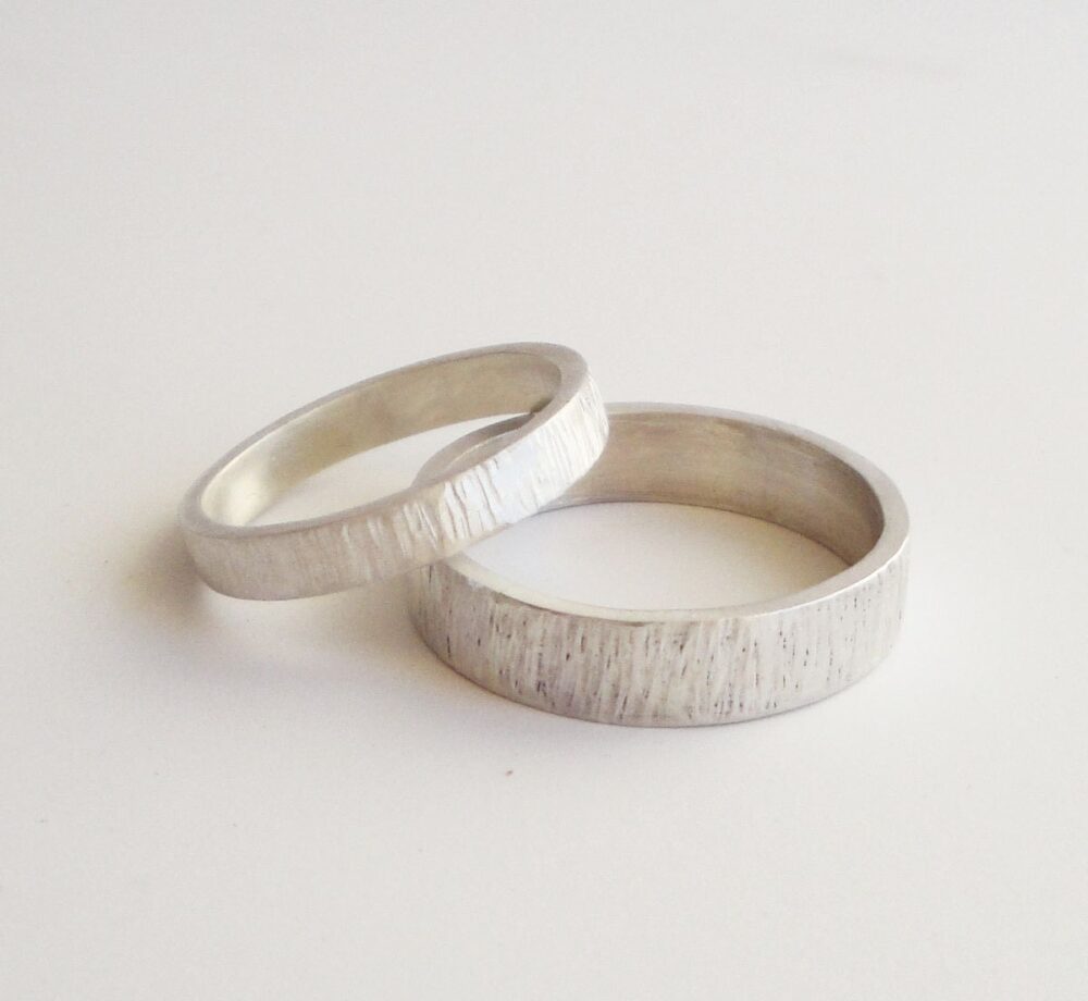 Wedding Bands Sets His & Hers Hammered Rings For Couples Silver Bands 5mm 3mm Handmade Satin Custom Made