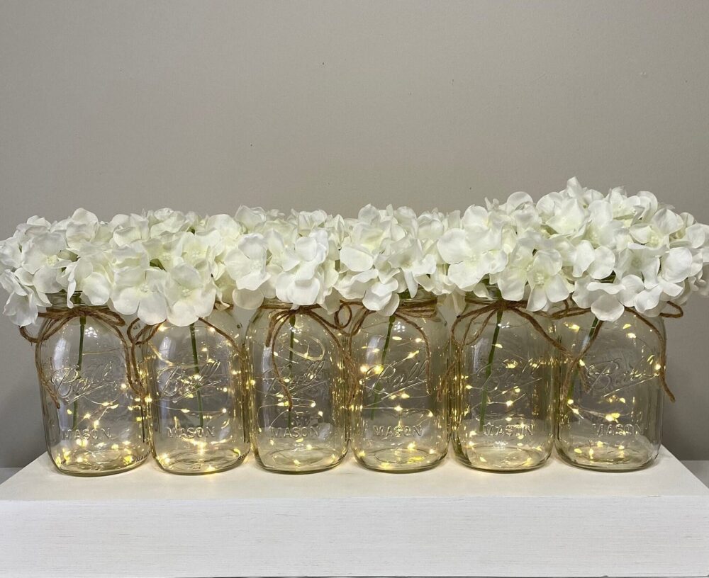 Set Of 6 Lighted Mason Jars, Wedding Centerpiece, White Hydrangeas, Rustic Table Decor, Quart Jars