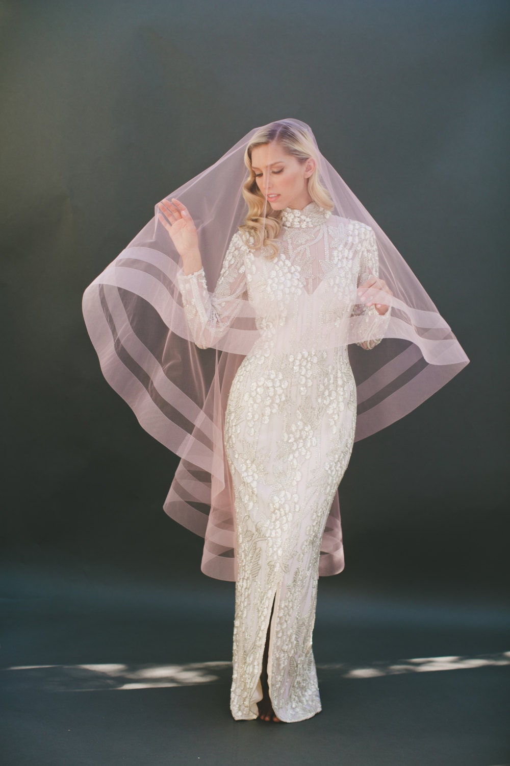 Double Horsehair Veil, Drop Bridal Ivory Blush Fingertip Soft Wedding Veil 1203