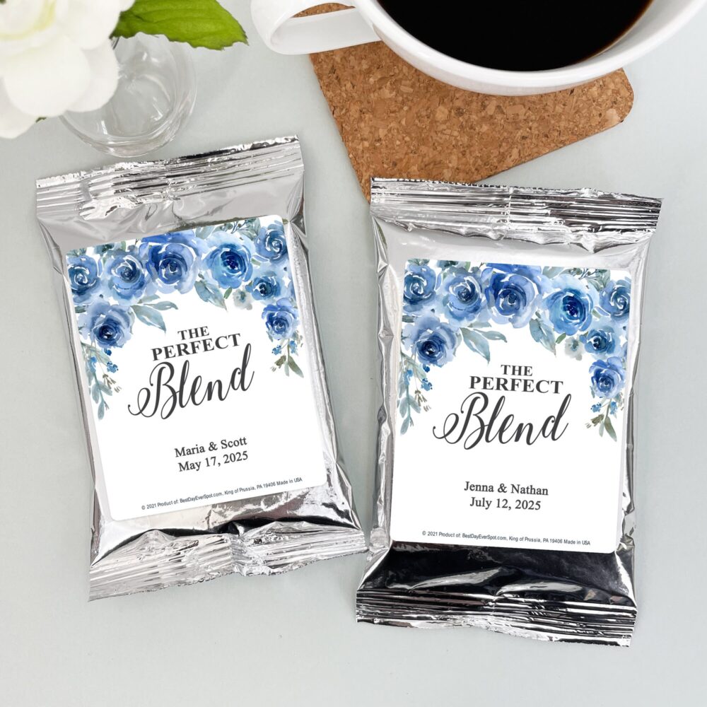 The Perfect Blend Wedding Favor Coffee, Blue Floral Wedding, Personalized Coffee Favors, Bridal Shower Favors - Set Of 30