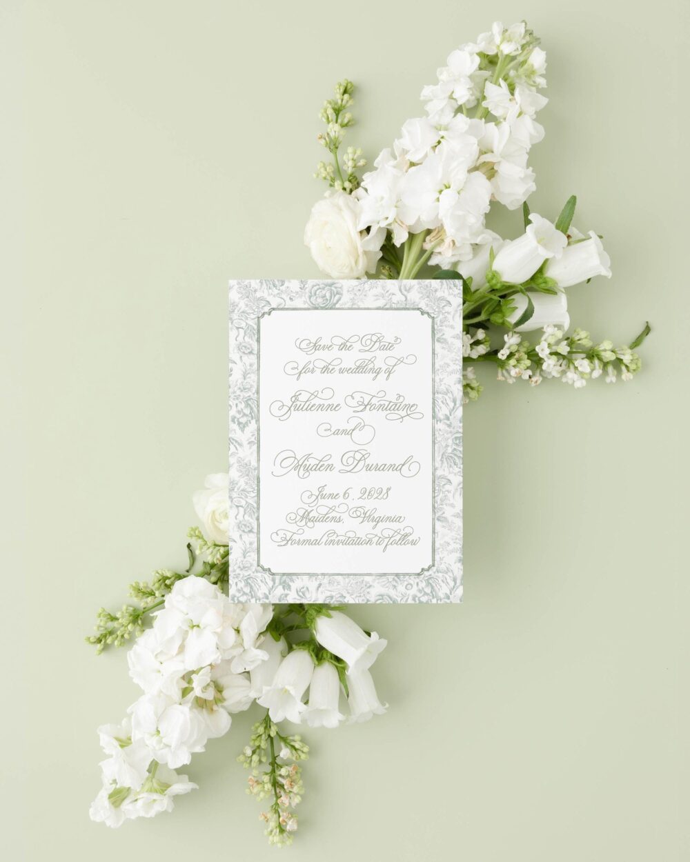 Floral Toile Save The Date Cards, Sage Green Wedding Date, Regency Style Invitation Dates Printed | Julienne