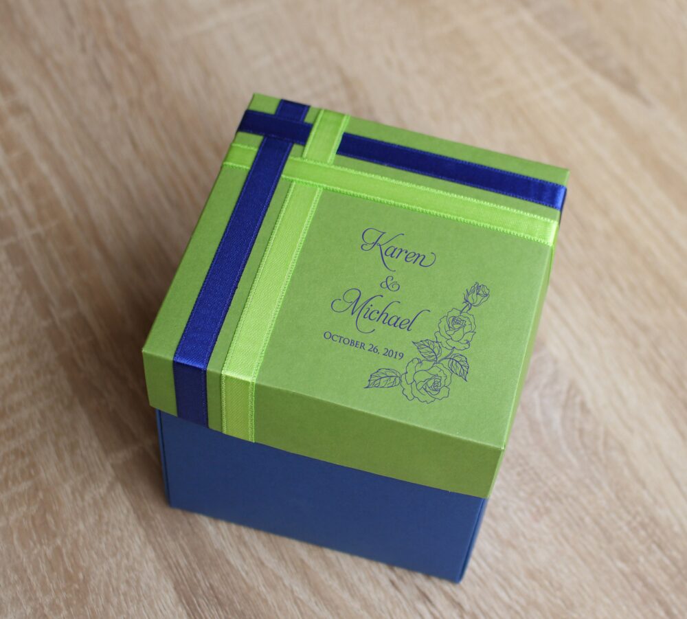 Elegant Wedding Favor Boxes, Customized Bridesmaid Gift Boxes Blue & Green Thank You With Ribbon, 10 Boxes 4x4x4", Cupcake Box