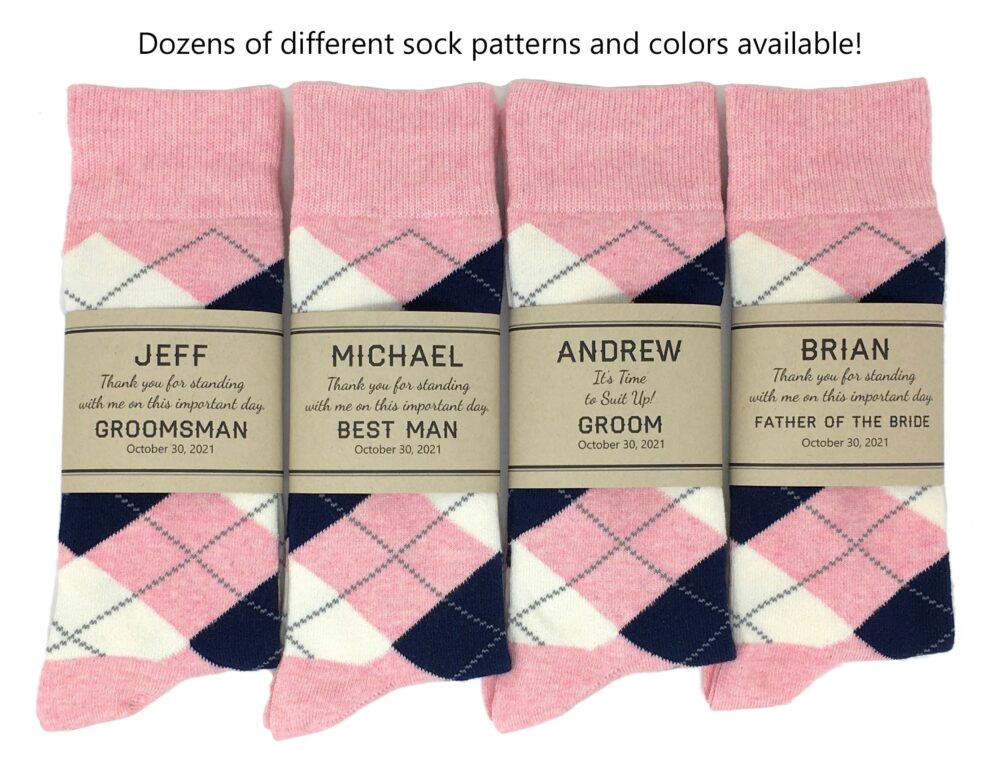 1 Pair Men's Pink & Navy Argyle Socks Multiple Colors Available, Personalized Groomsmen Proposal Socks & Sock Labels, Gifts
