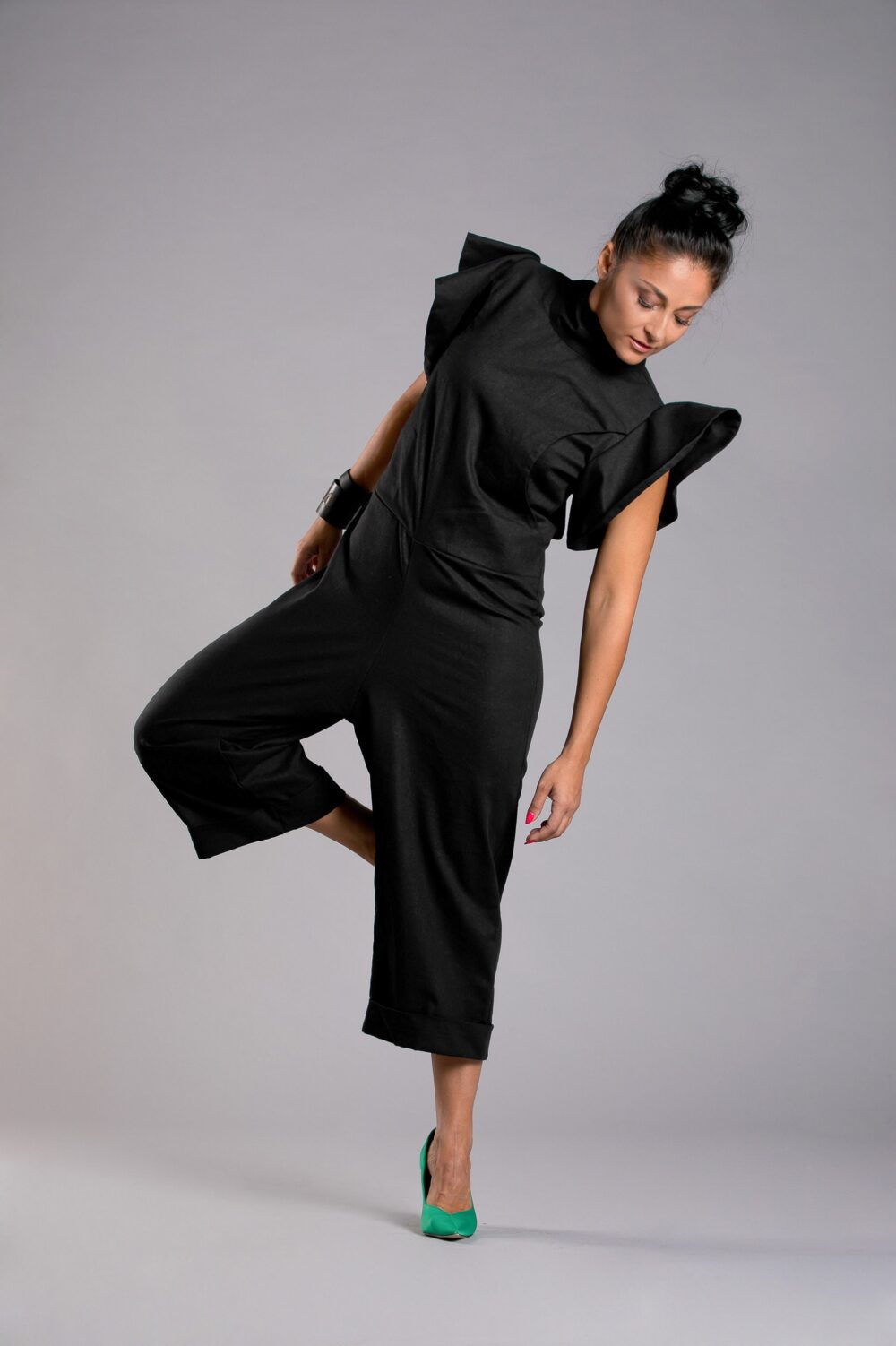 Extravagant Jumpsuit With Wide Legs, Black Wedding Jumpsuit, Statement Sleeves Capri Avant Garde