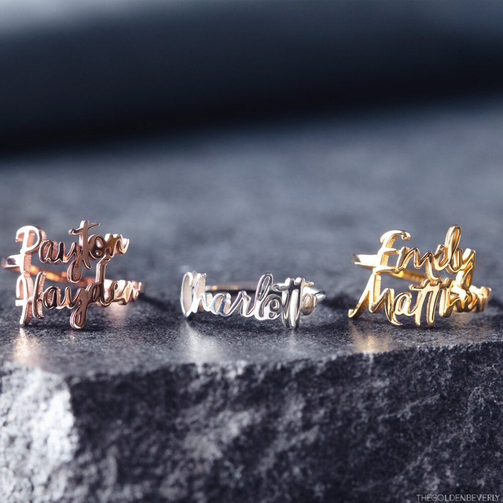 Two Name Ring - Personalized Three Names Customized Double Your Jewelry Daughter Mother B7