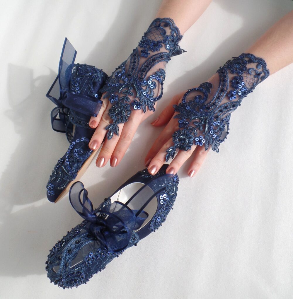 Navy Lace Wedding Wedges & Bridal Gloves