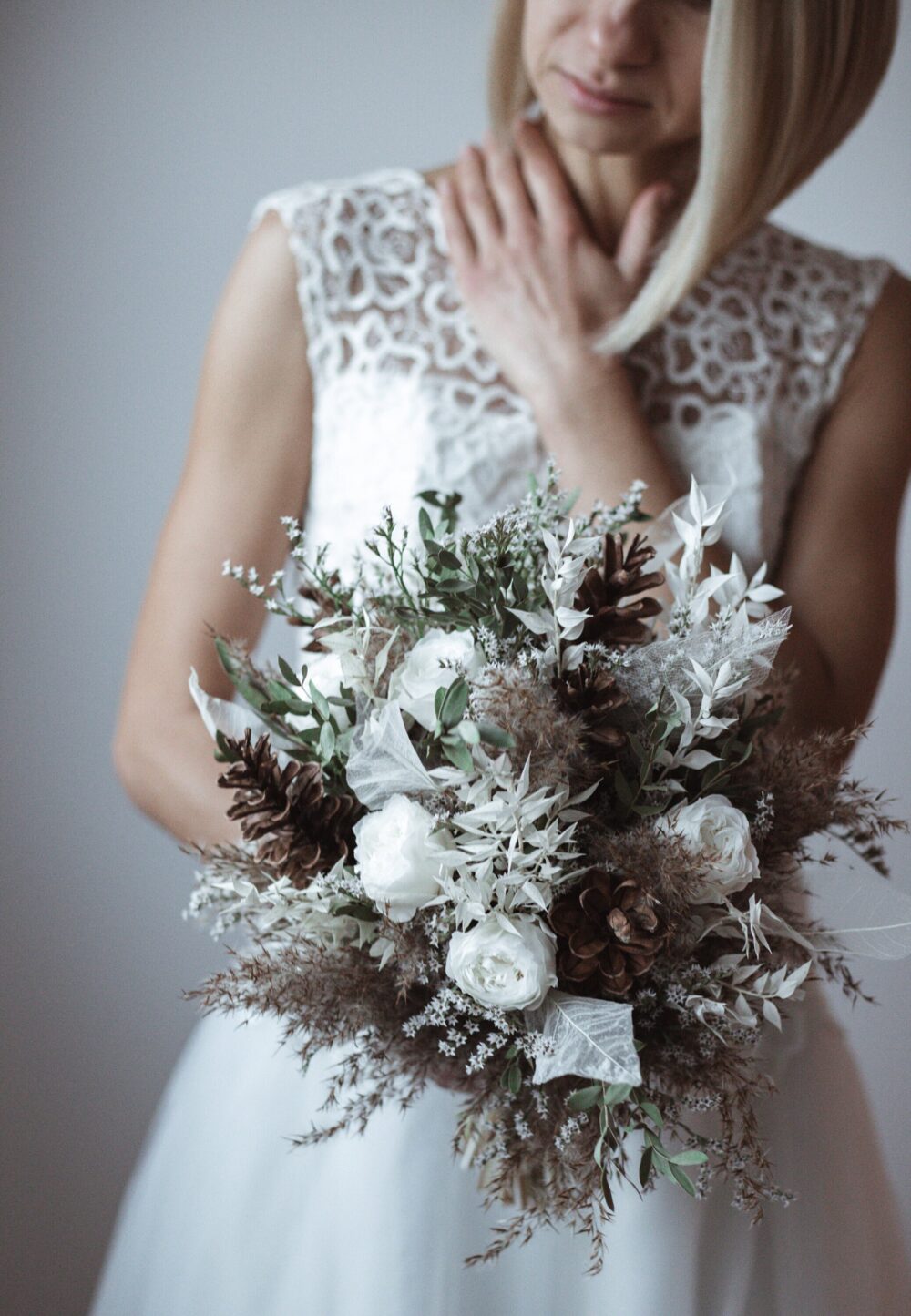 Winter Wedding Dried Flower Bouquet Roses, Pine Cones & Burlap
