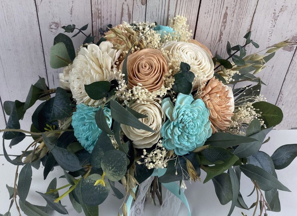 Wedding Bouquet, Bridal Bridesmaid Sola Flower, Wooden Ivory, Peach, Rustic, Boho, Lily Of Angeles