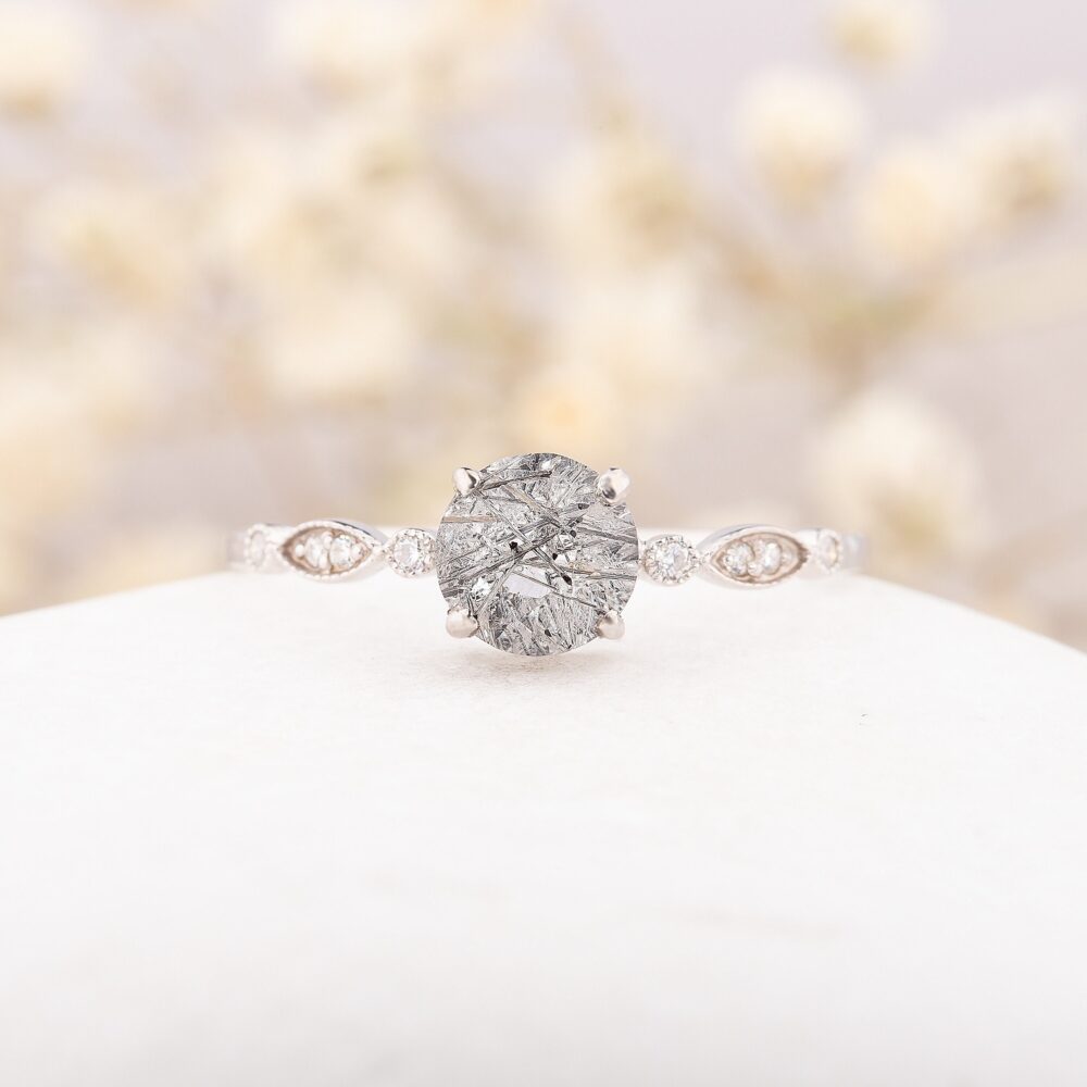 Black Rutilated Quartz Engagement Ring Women, White Gold Art Deco Rutile & Diamond Ring, Anniversary Promise Gift