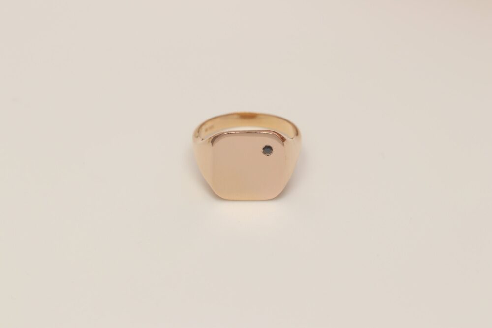 14K & 18K Gold Engraved 15x15mm Signet Ring With Black Diamond For Men & Women/Available in Gold, Rose White