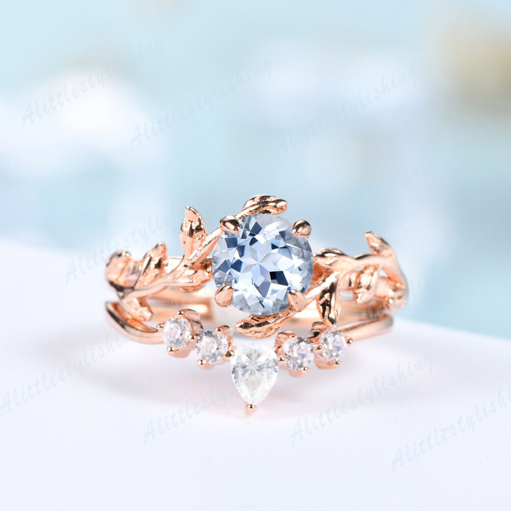 Aquamarine Bridal Set, Rose Gold Ring Vintage Engagement Ring, Antique Moissanite Wedding Stack Promise Rings