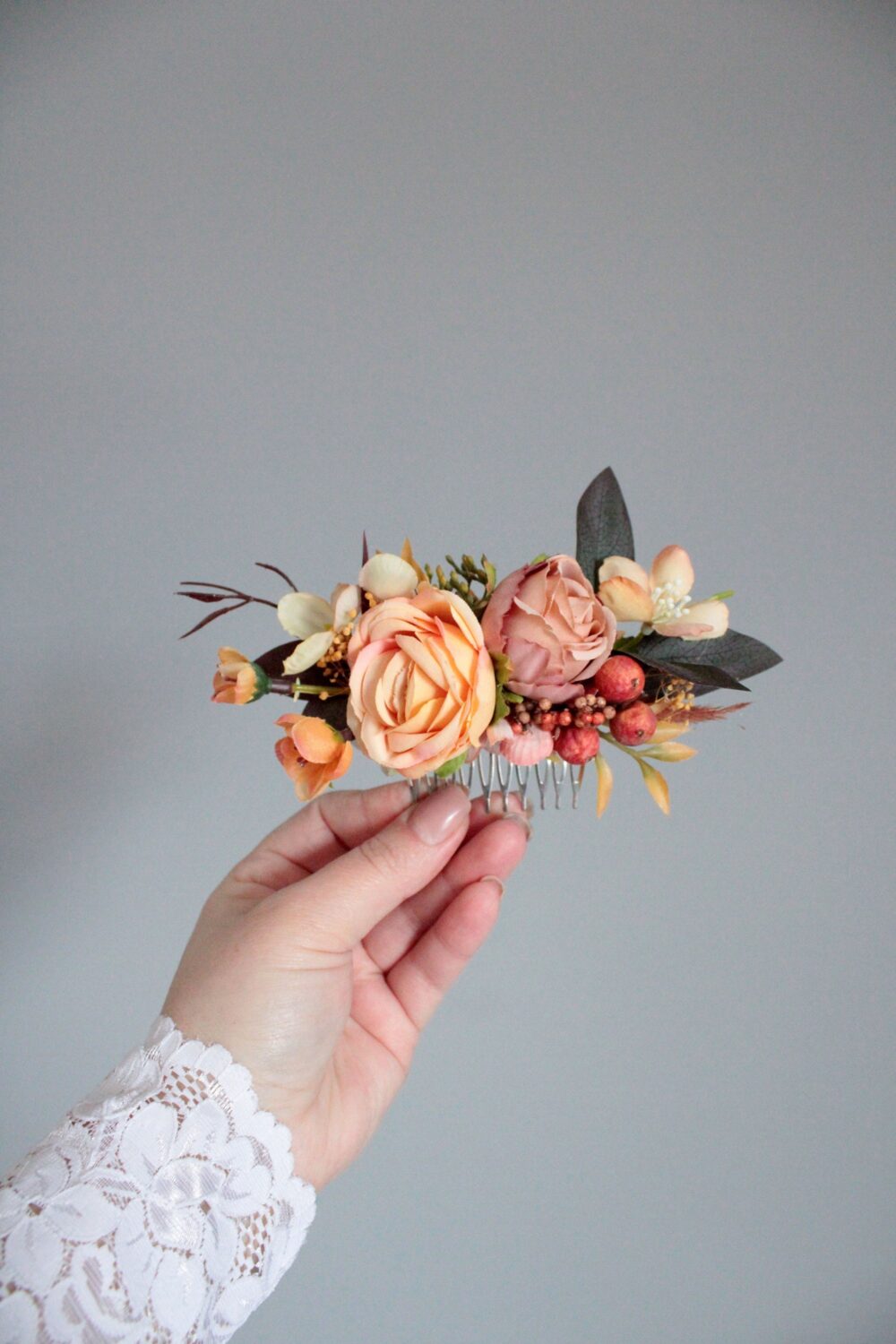 Fall Wedding Flower Hair Comb.beige Orange Boho Bridal Hairpiece