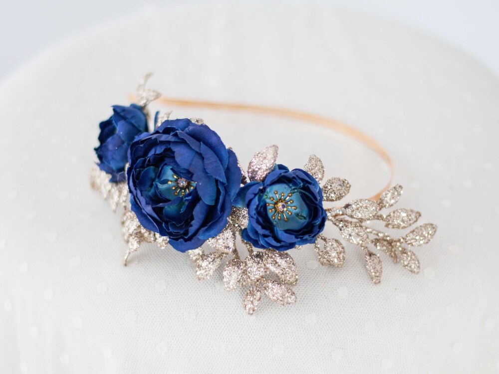 Gold Navy Blue Flower Hairband Fascinator, Golden Headband, Side Floral Head Band, Sparkly Hair Piece, Bridesmaid Bride Glitter Headpiece