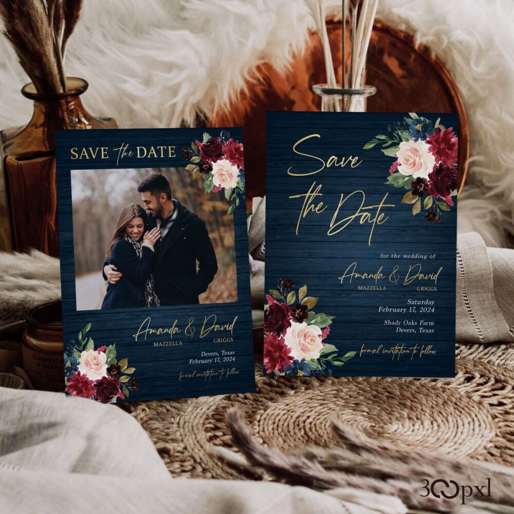 Rustic Burgundy Floral Save The Date Navy & Gold Wedding