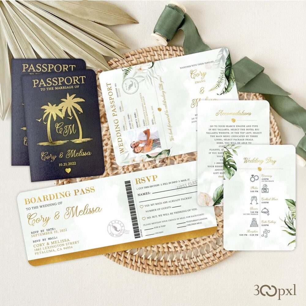 Tropical Destination Wedding Passport Invitation Beach Palm Design