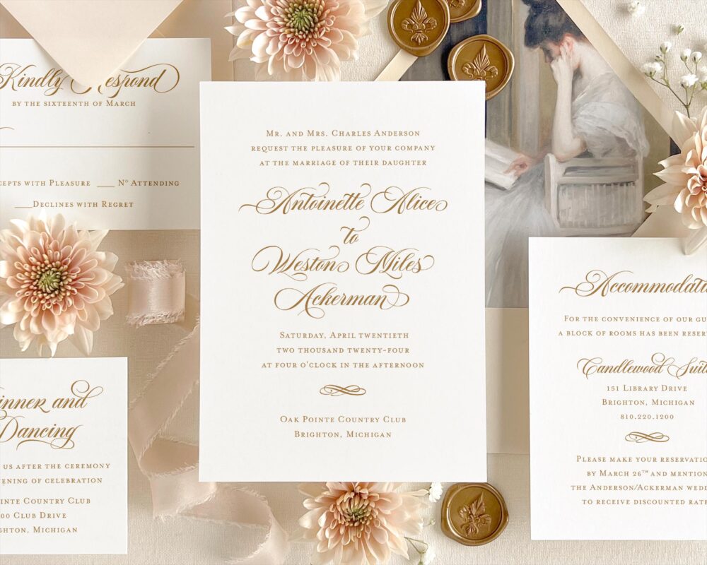 Elegant Wedding Invitation, Romantic Calligraphy Vintage Invitation Design, Wax Seal & Ribbon | Sample Set