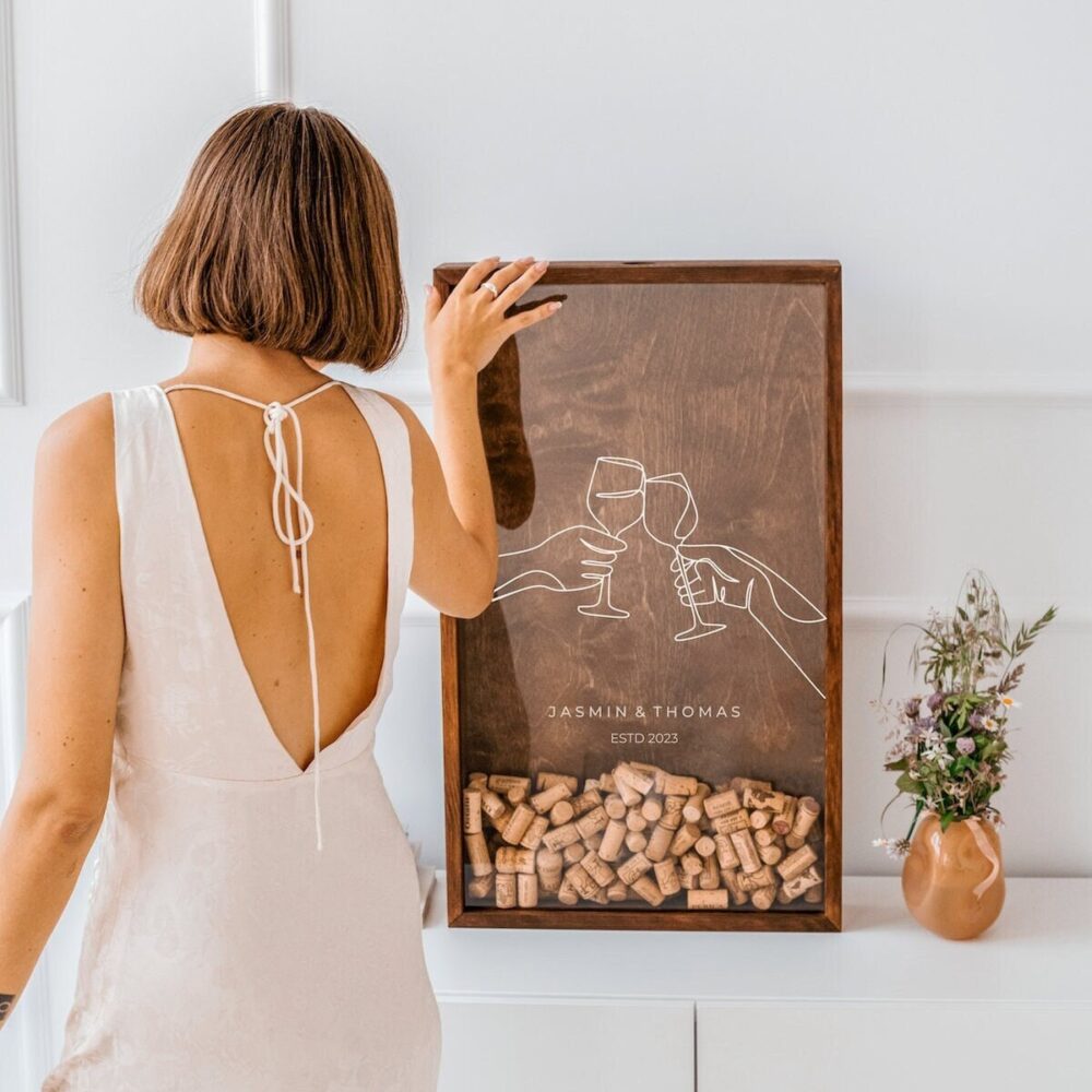 Wedding Couple Gift, Custom Gift Idea, Wooden Wine Cork Holder, Engagement For Her & Him, Rustic Guest Book