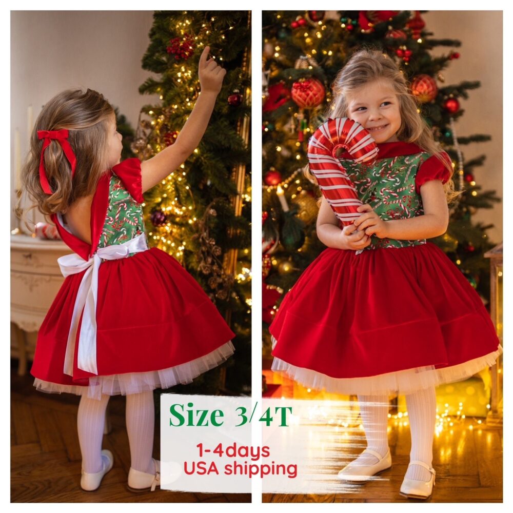 Red & Green Girl Christmas Dress, Toddler Outfit, Holiday Party Tutu Skirt, Photoshoot Girls Santa New Year Gift