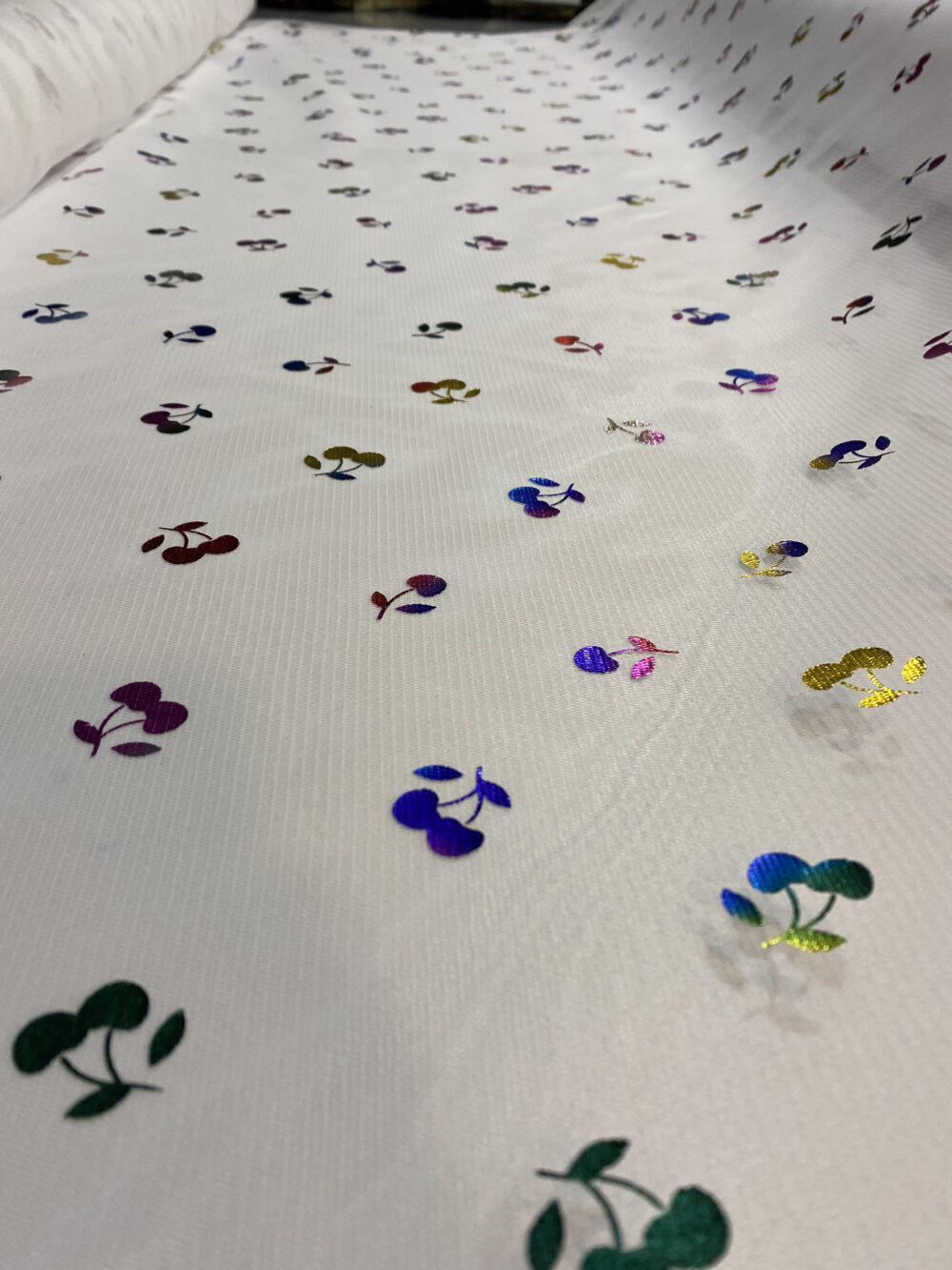 Rainbow Cherry Holographic Tulle Off-White Elastic Fabric, Party Decor