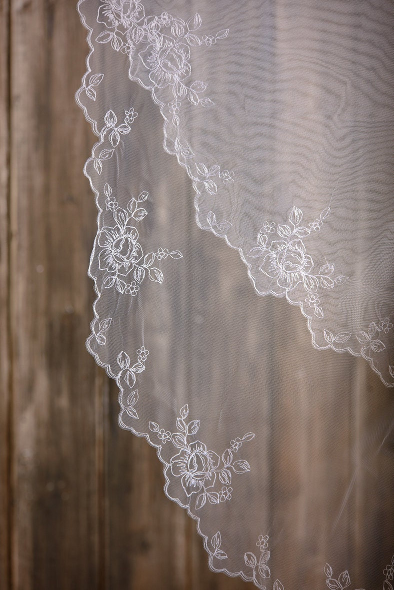 Veil in 2 Layer, Embroidered Veil, Bridal Veil, Fingertip Veil, Elbow Cathedral Chapel Waltz Length Bridal Veil