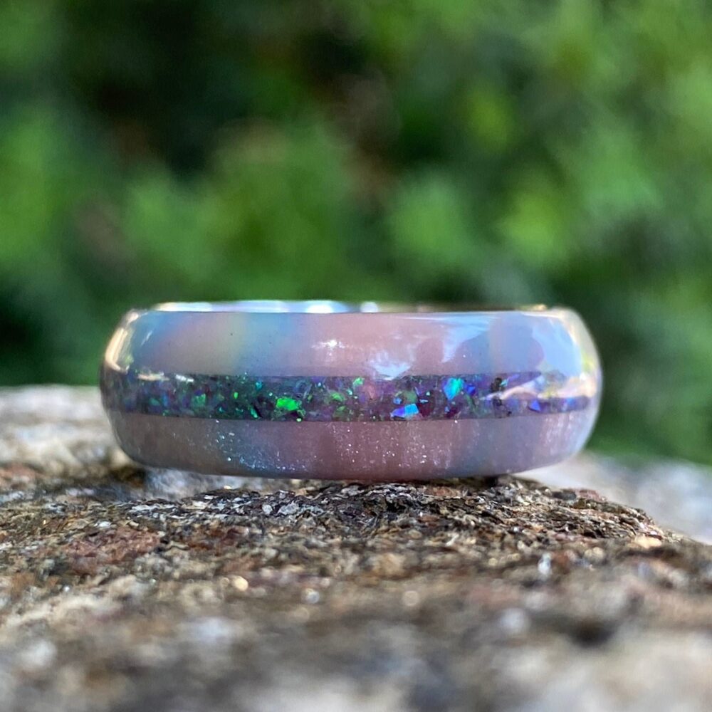 Diamondcast Wedding Band, Cobalt Chrome Ring With Unicorn Poop Opal Inlay, USA Handmade