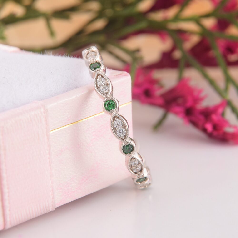 Emerald Wedding Band, Womens Art Deco Dainty Small Sterling Silver Band