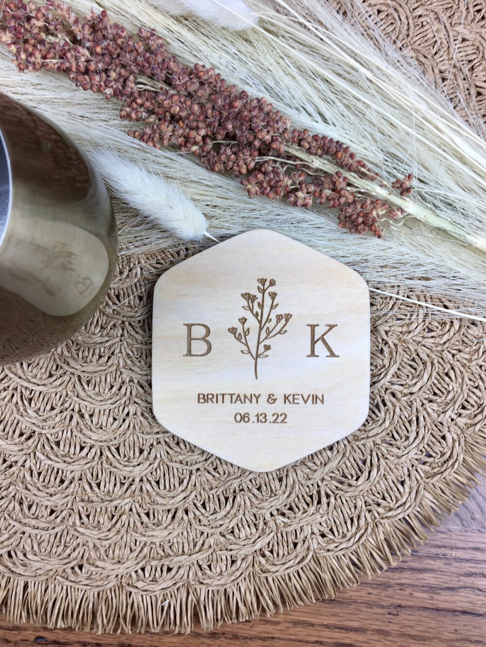 Custom Bulk Wedding Favors, Personalized Wooden Coasters Set, Monogram Coasters, Boho Party Gift, Bridal Shower Gift