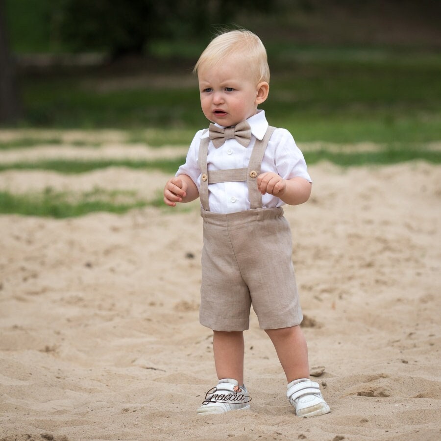 Beige Linen Baby Boy Suit Rustic Wedding Outfit Toddler Shorts Suspenders Shirt Bow Tie