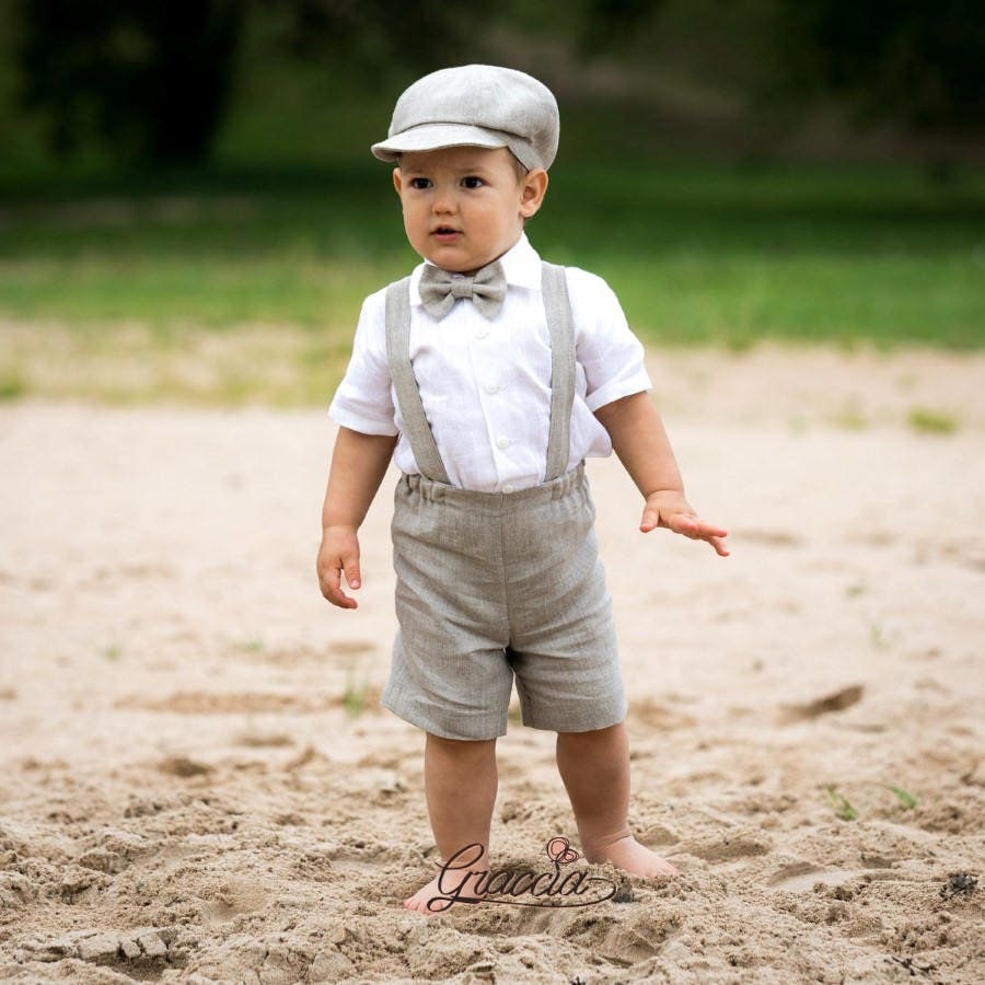 Wedding Ring Bearer Outfit, Baby Boy Rustic Suit, Toddler Natural Linen Shorts Suspenders Newsboy Hat Bow Tie Shirt, Page Tan