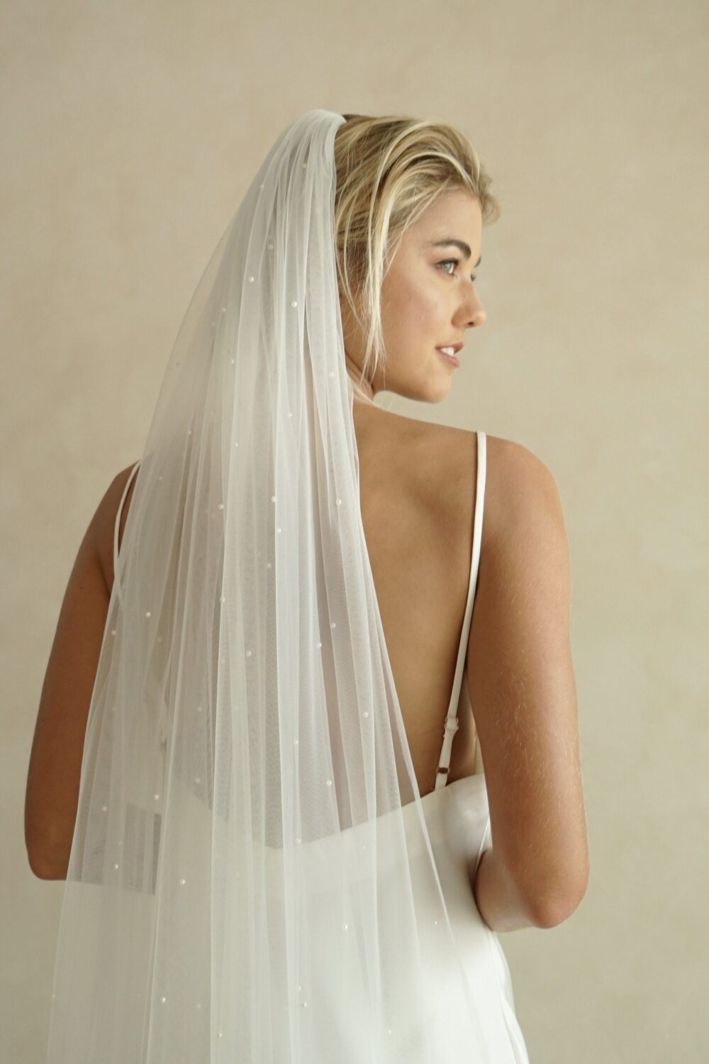 Chloe I Pearl Wedding Veil, One Tier Modern Veil With Pearls, Chapel Cathedral
