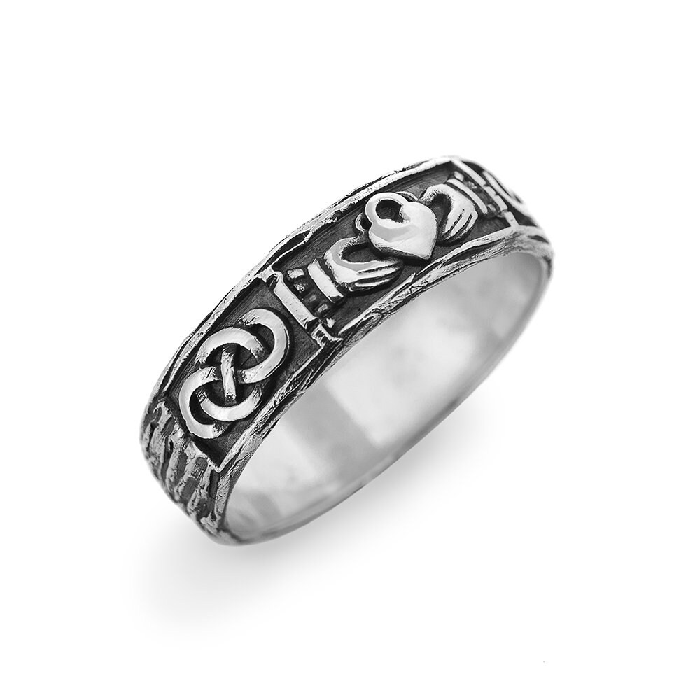 Celtic Wedding Band, Silver Claddagh Ring, Band Tree Bark Nature Inspired Rustic His & Hers Promise Rings