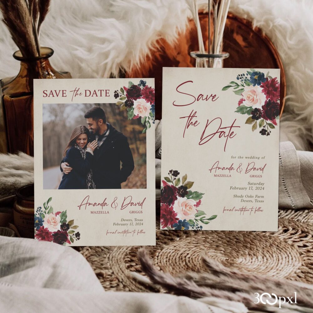 Burgundy Floral Wedding Save The Date Photo Invitation | Printable