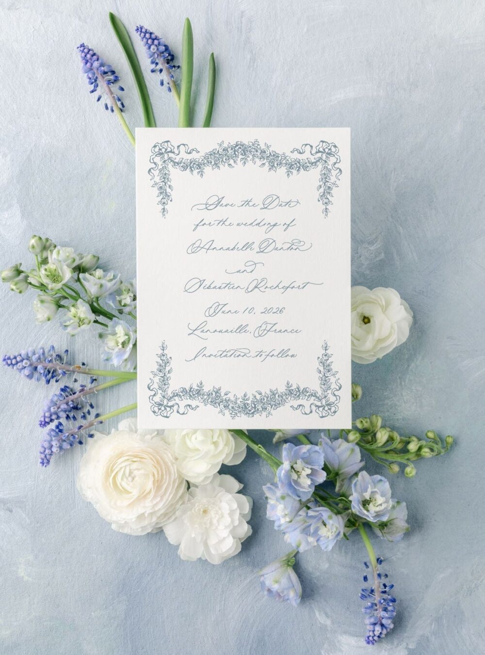 Hand-Drawn Floral Frame Save The Date For Wedding, Elegant Dates With Bows, Wedding Invitation Cards | Annabelle