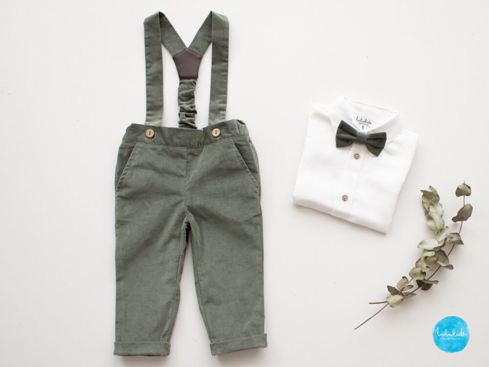 Boy Baby Baptism Outfit, Ring Bearer Suit - 4Pcs Corduroy Set Suspender Pants + Linen Shirt Bow Tie Cardigan | 100% Wool