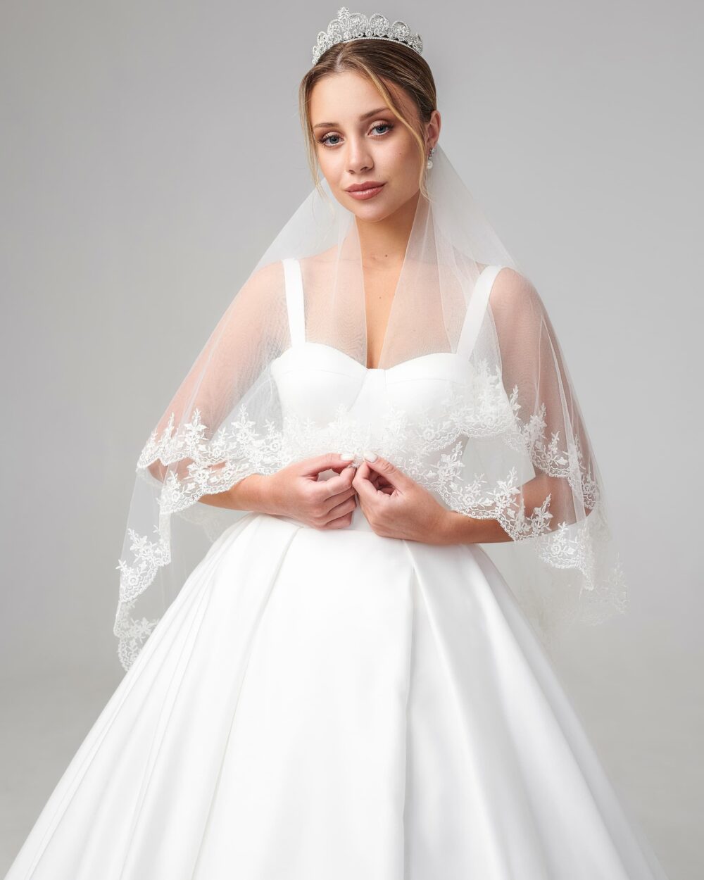 Scalloped Two Tier Wedding Veil, Lace Cathedral Veil With Blusher, Double Floral Applique Bridal