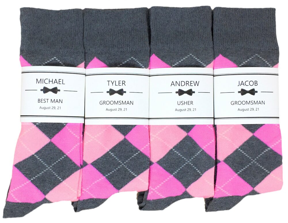 1 Pair Men's Gray & Pink Argyle Socks & Personalized Label, Groomsmen Proposal Socks, Sock Labels, Gifts, Multiple Color Options