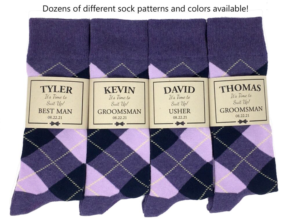 1 Pair Purple & Navy Argyle Socks - Multiple Color Options, Personalized Groomsmen Proposal Socks, Sock Labels, Men Gifts