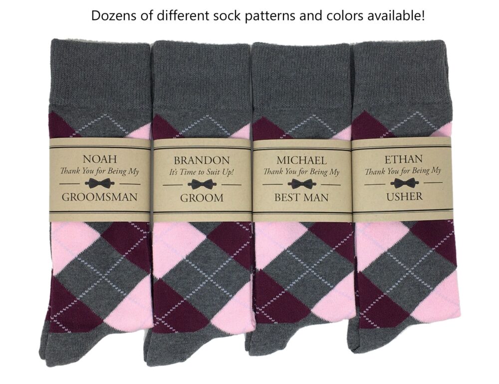 Gray, Wine, Pink Argyle Socks - Multiple Colors Available, 1 Pair Men's Personalized Groomsmen Proposal & Sock Labels, Gifts